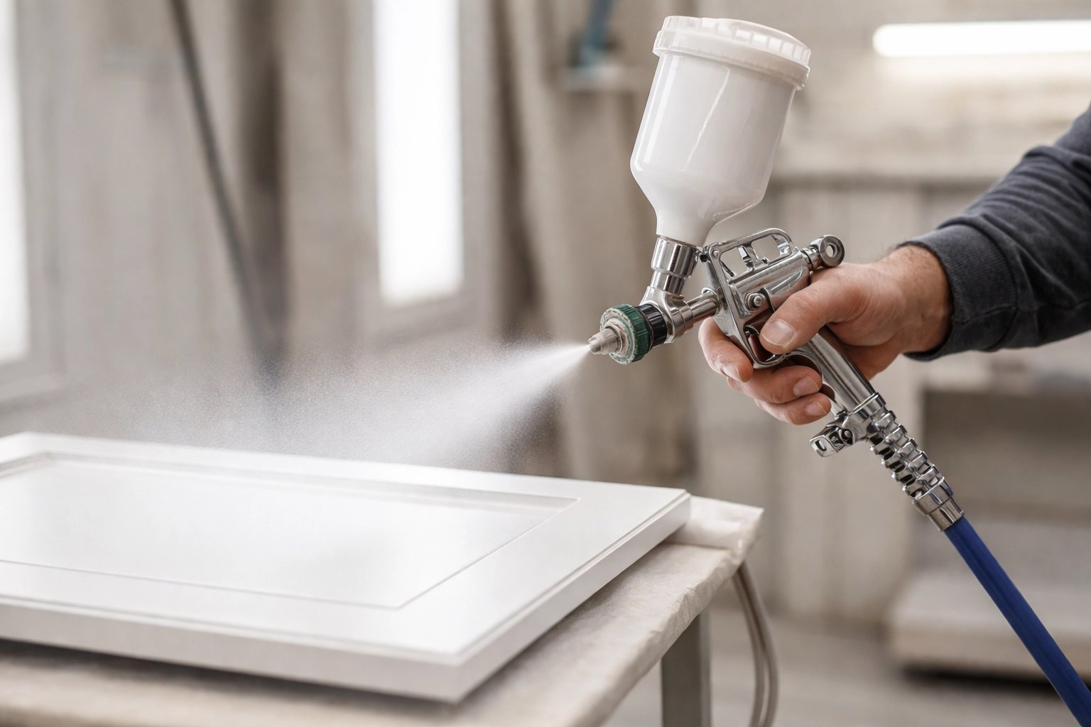 Professional cabinet painter spraying a smooth finish on a cabinet door in Port St. Lucie workshop
