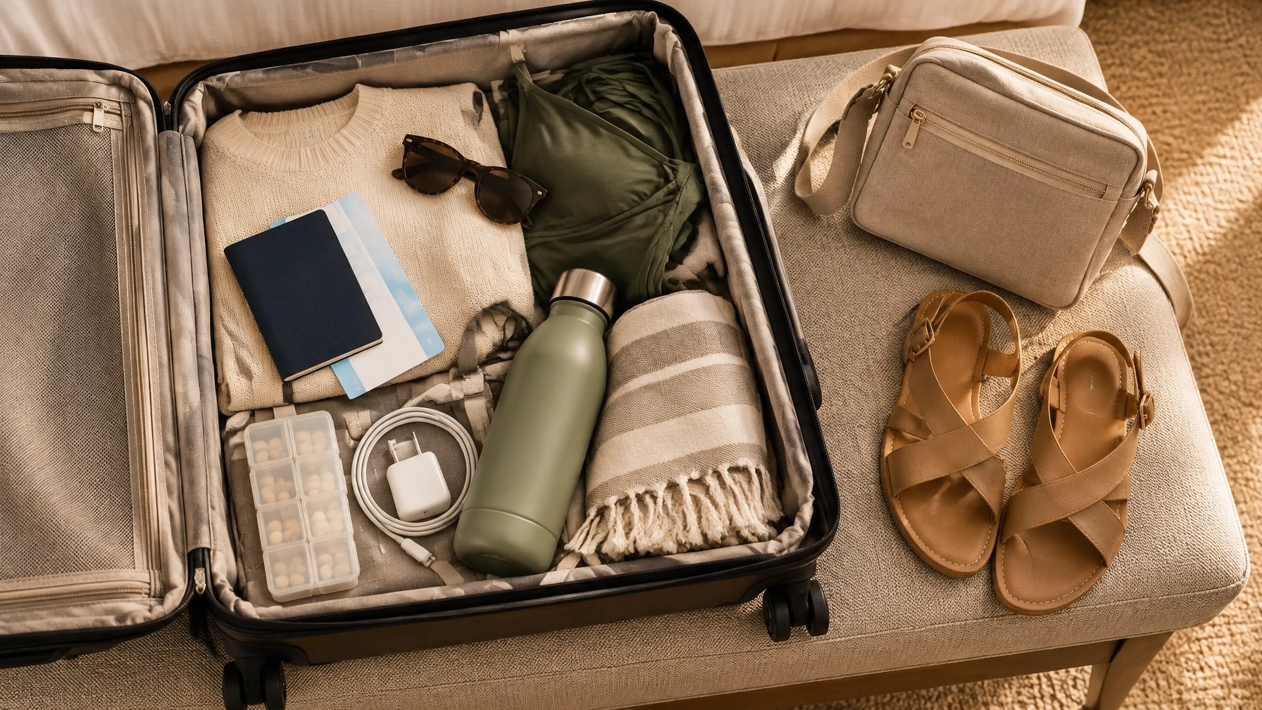 Open carry-on suitcase with travel documents, light layers, medication organizer, charging cable, and cruise essentials