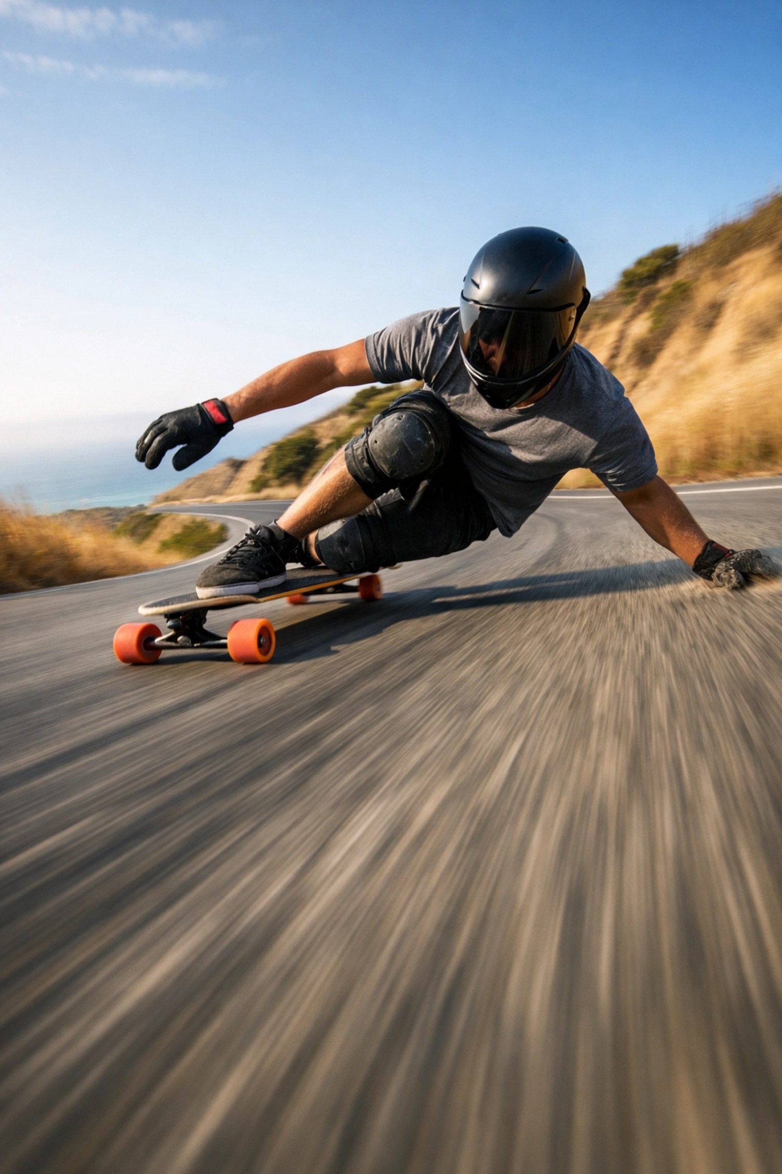 A professional longboarder performing a powerful downhill heel-side carve on a winding California coastal road.