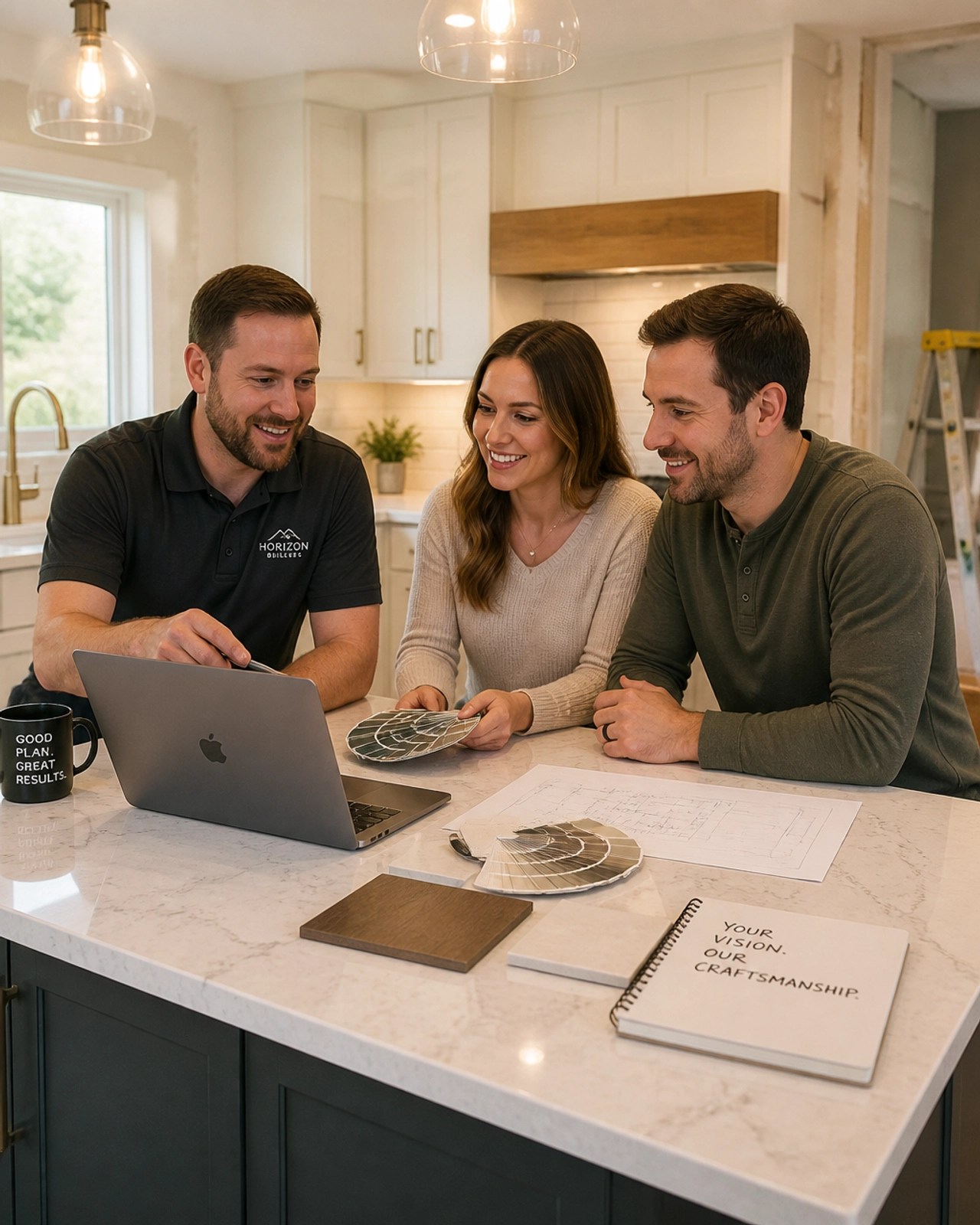 A friendly contractor sitting at a kitchen island with a couple for a collaborative planning session
