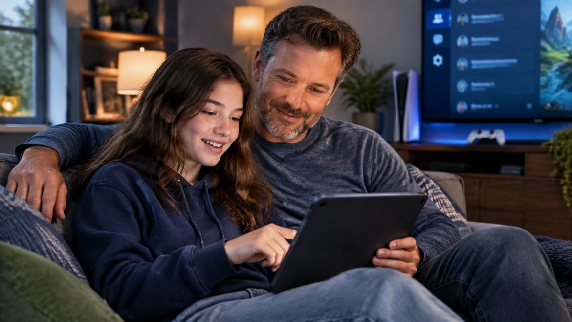 A White father and teenage daughter review gaming safety settings on a tablet together