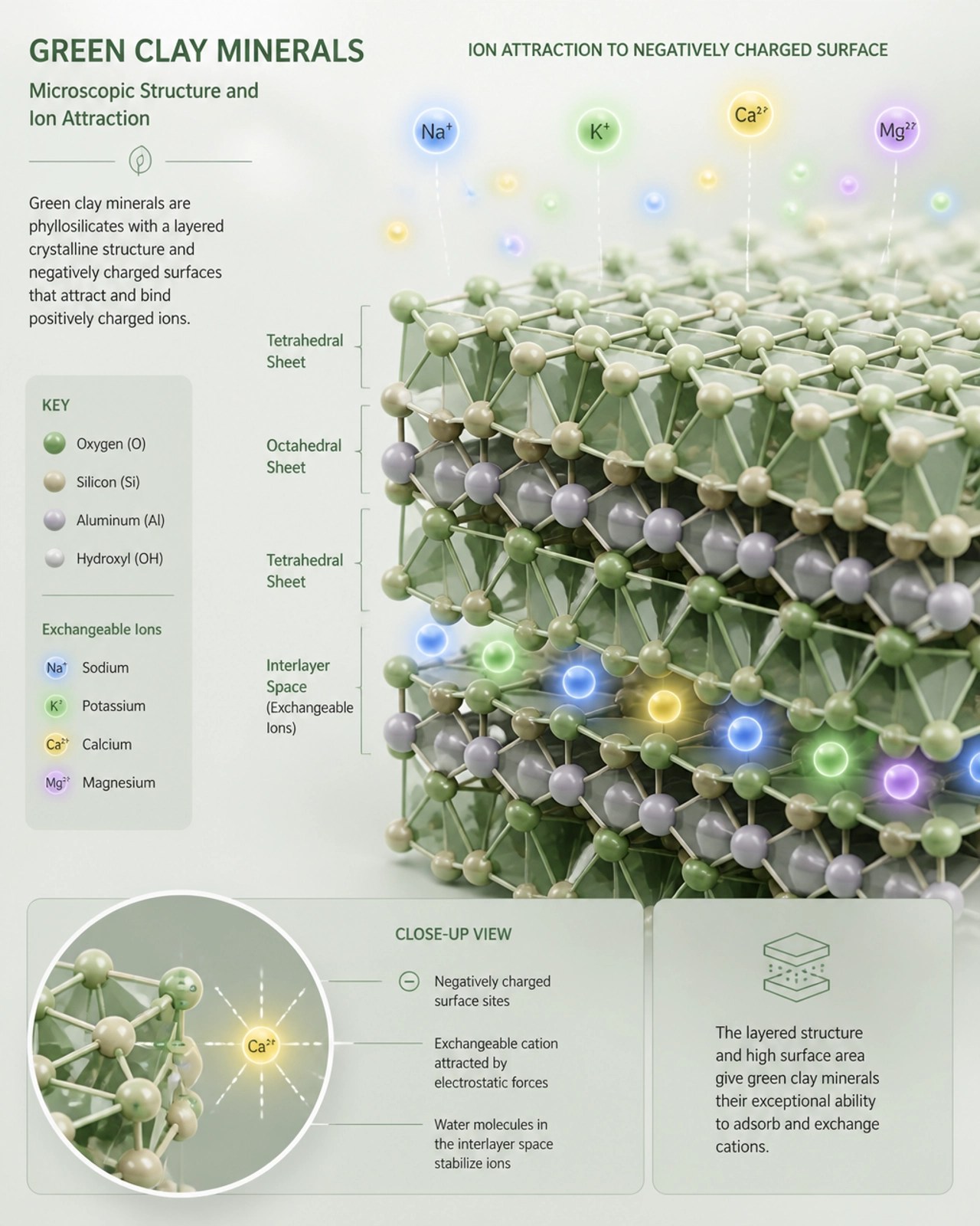 Microscopic structure of green clay minerals showing ionic attraction