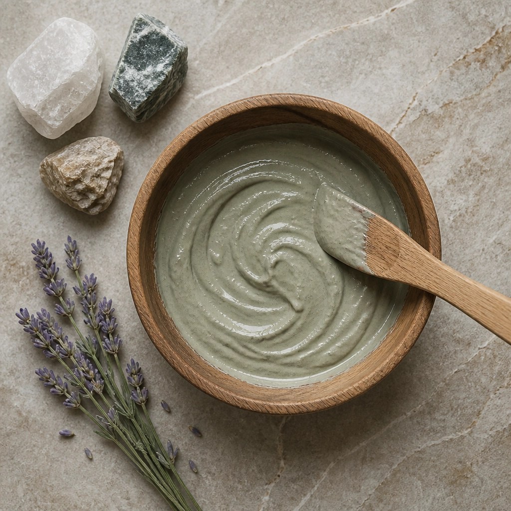 Natural setting with green clay in a bowl and minerals