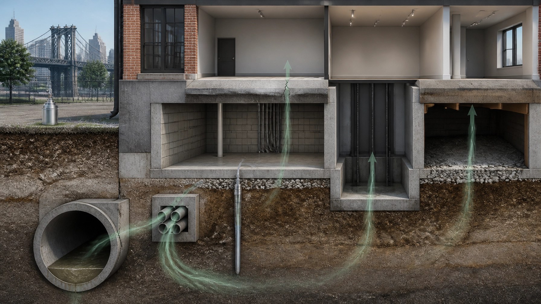 Technical cutaway illustrating vapor movement through utility conduits, slab cracks, drains, and a crawlspace
