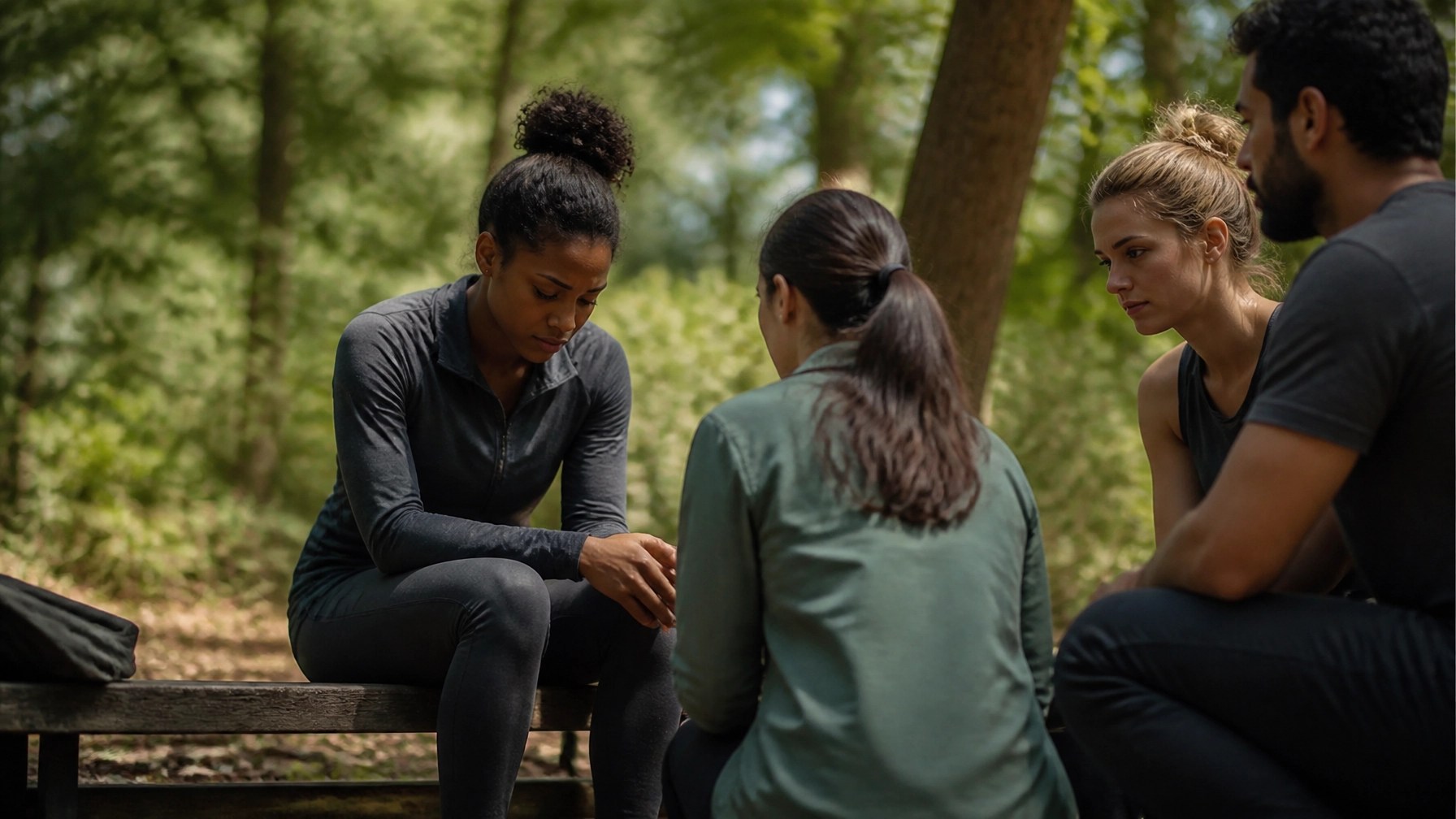 A supportive group of people gathered around a friend on a park bench.