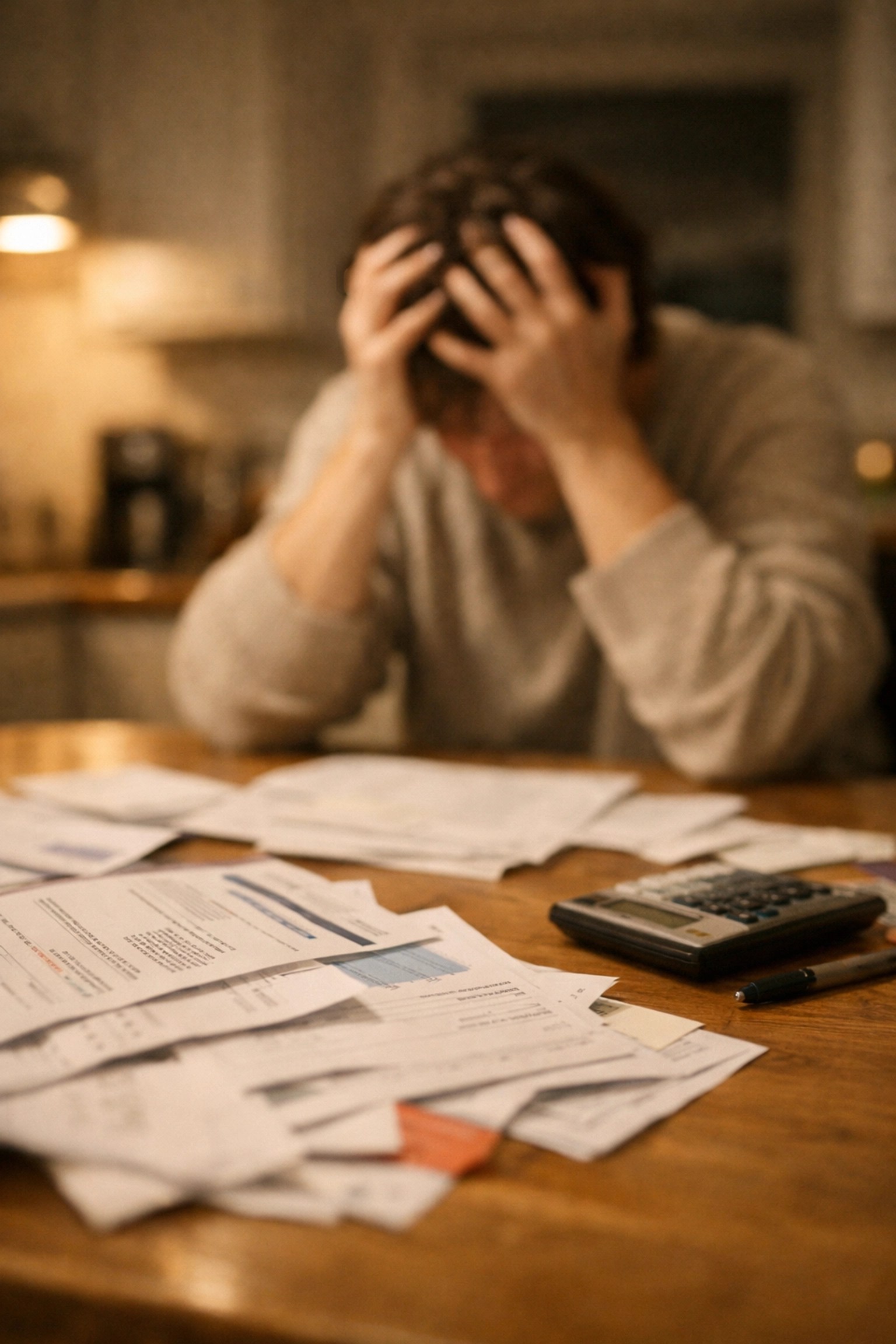 Person overwhelmed by bills and debt at kitchen table with calculator