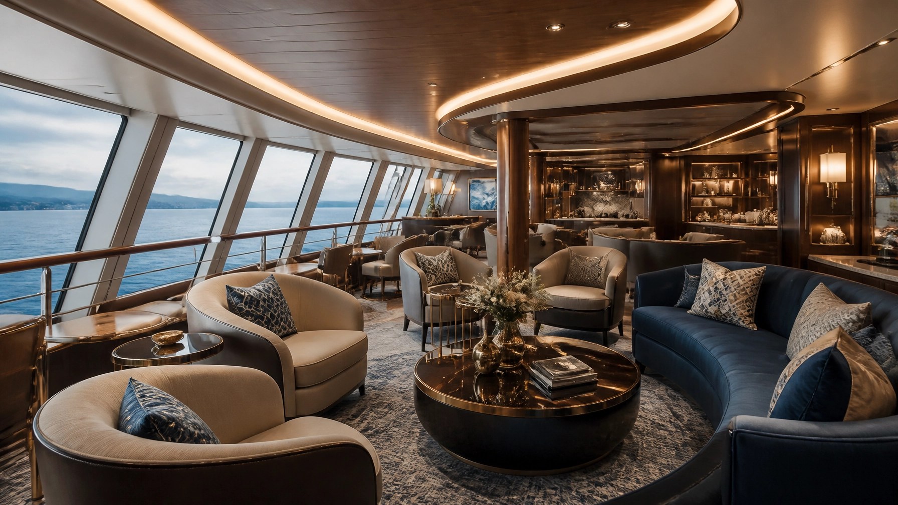 Luxurious cruise ship lounge interior representing sophisticated travel design and upscale relaxation
