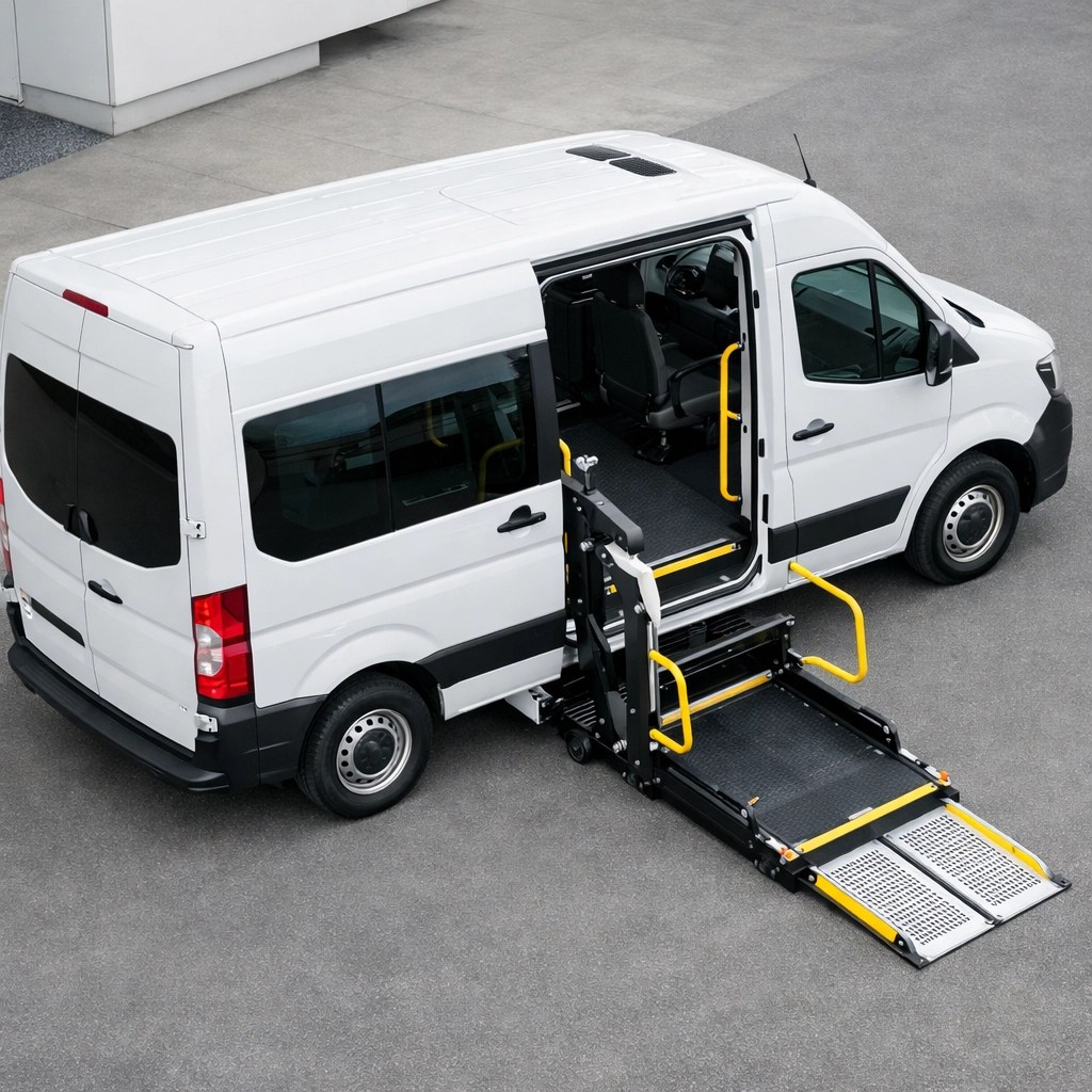 White specialized medical van featuring a hydraulic wheelchair lift for patient accessibility.