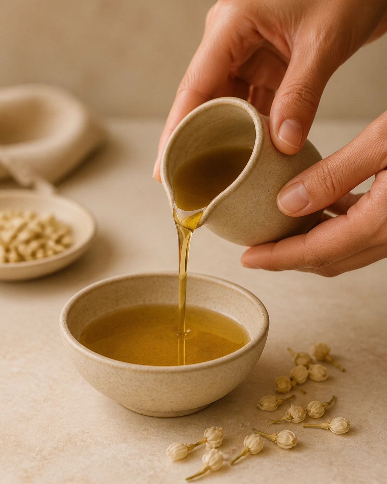 A close-up photograph of hands pouring warm sesame oil from a ceramic pitcher into a bowl, demonstrating the preparation for Abhyanga.