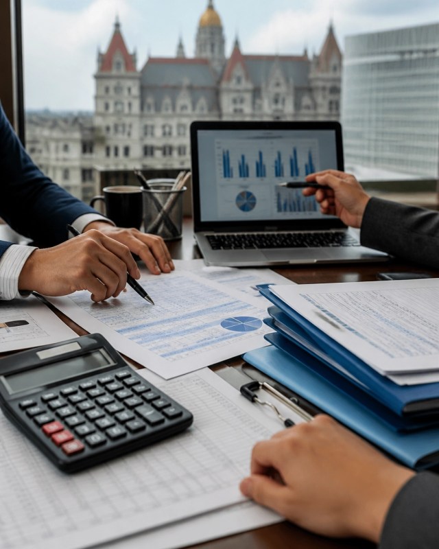 Government finance officials reviewing budget documents and projected spending figures in Albany