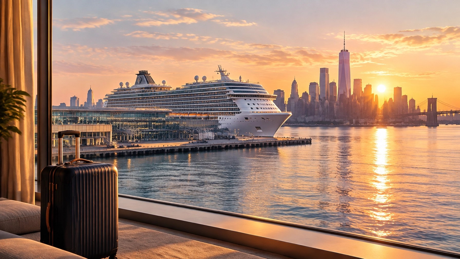 Modern cruise ship and New York skyline in the soft light of embarkation morning