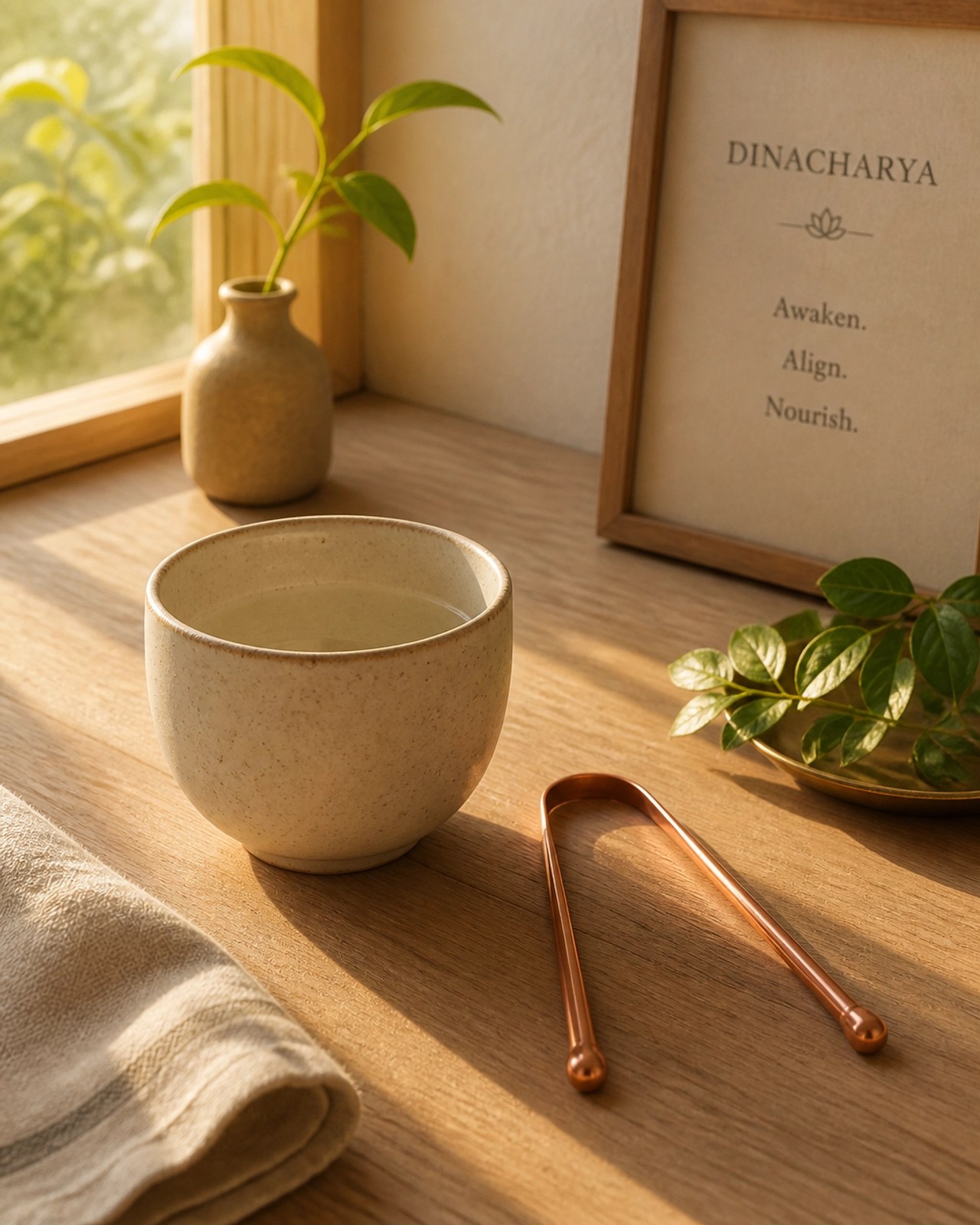 A serene morning scene with a cup of warm water and a copper tongue scraper in soft sunlight