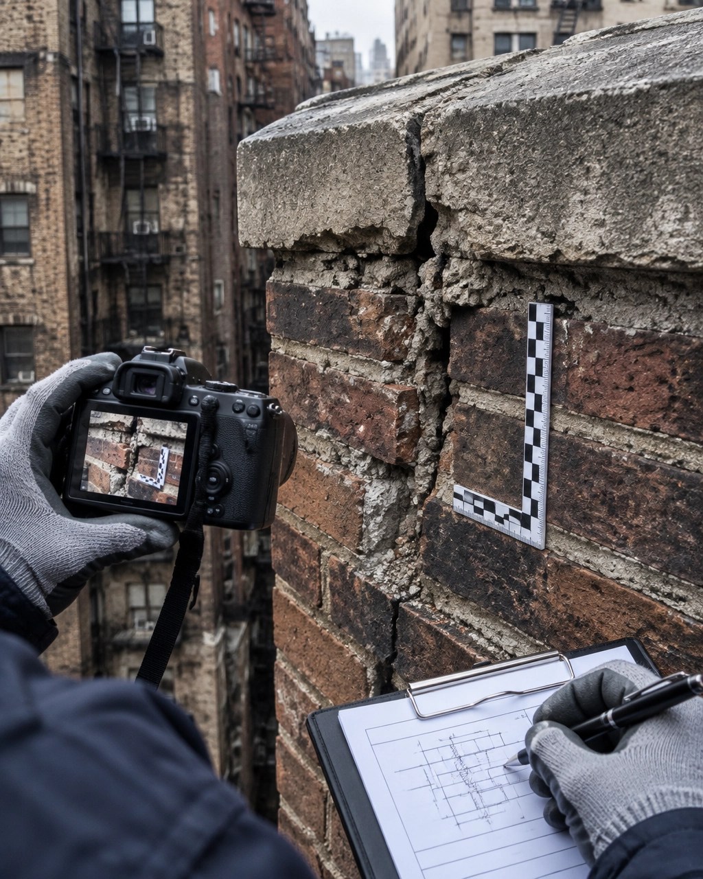 Facade inspection documentation showing masonry deterioration, measurement tools, and close-up field review