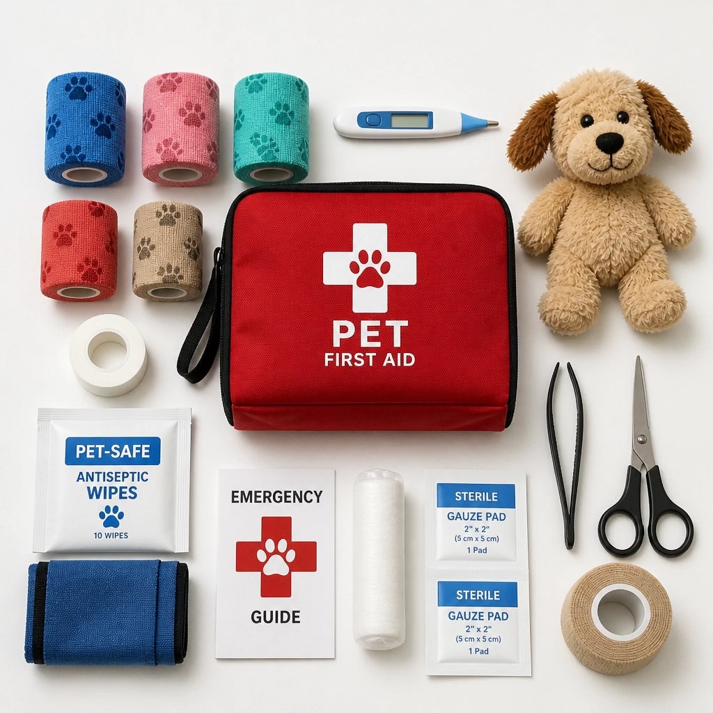 A flat-lay of an organized pet first aid kit including gauze, thermometer, and antiseptic wipes.