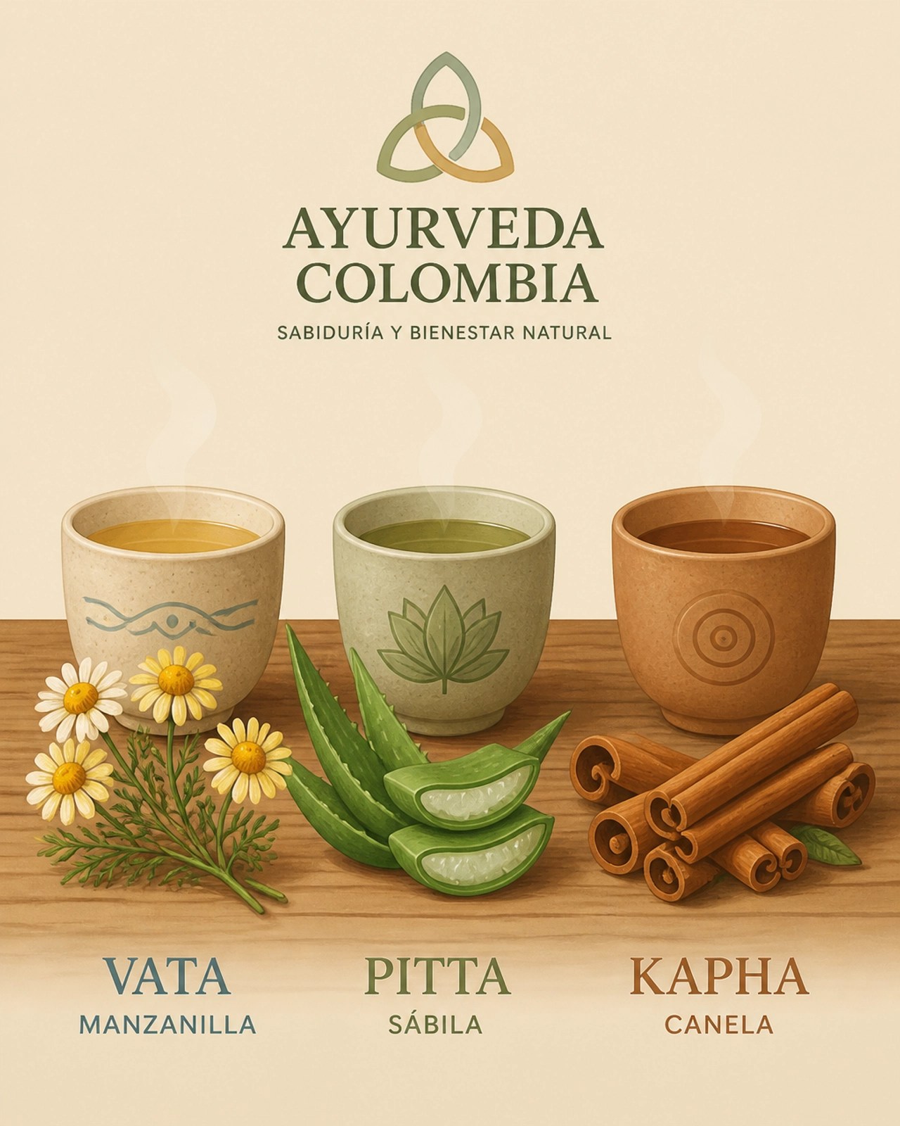 Ilustración minimalista que representa la armonía entre los tres doshas mediante el uso de plantas locales y elementos naturales en un entorno de bienestar.