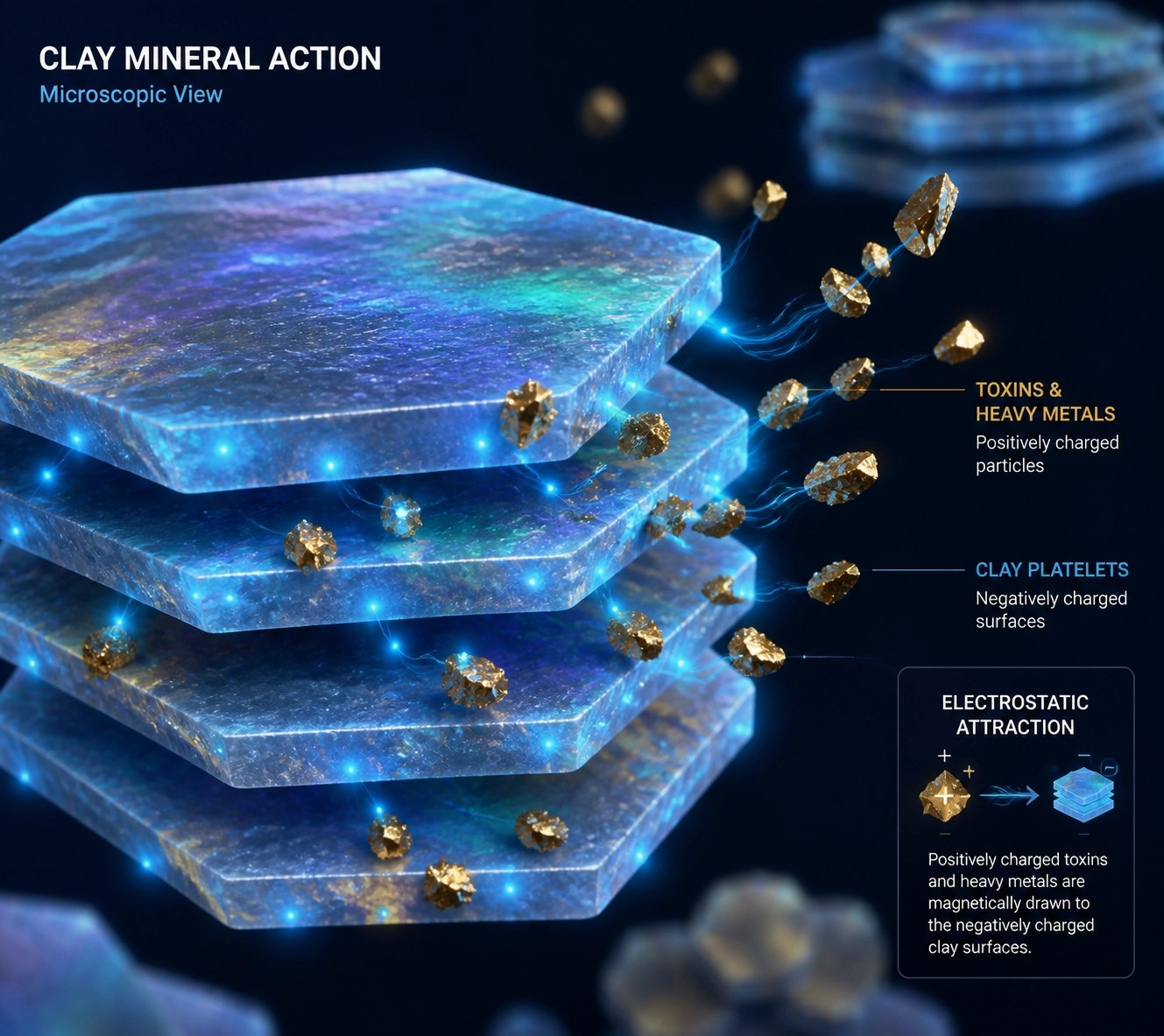 Microscopic view showing how healing clay minerals attract and bind to environmental toxins.