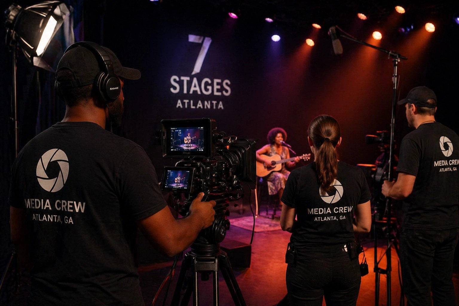 A high-end media production setup inside an Atlanta arts venue featuring a professional videography crew.