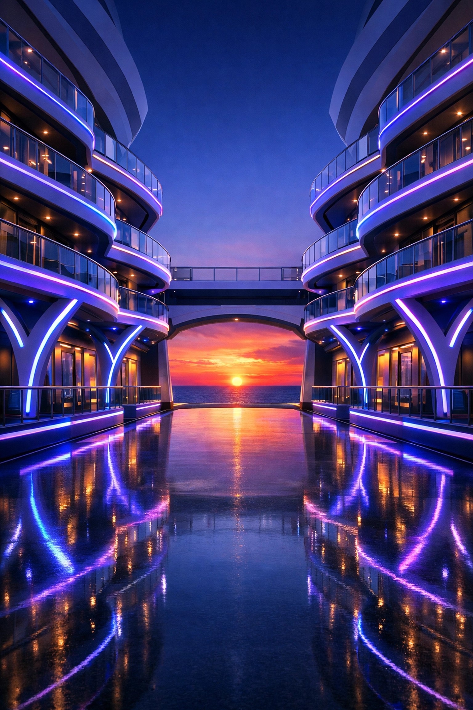 Luxury cruise ship promenade with sunset views on the MSC World Europa for 2026 Caribbean cruises.