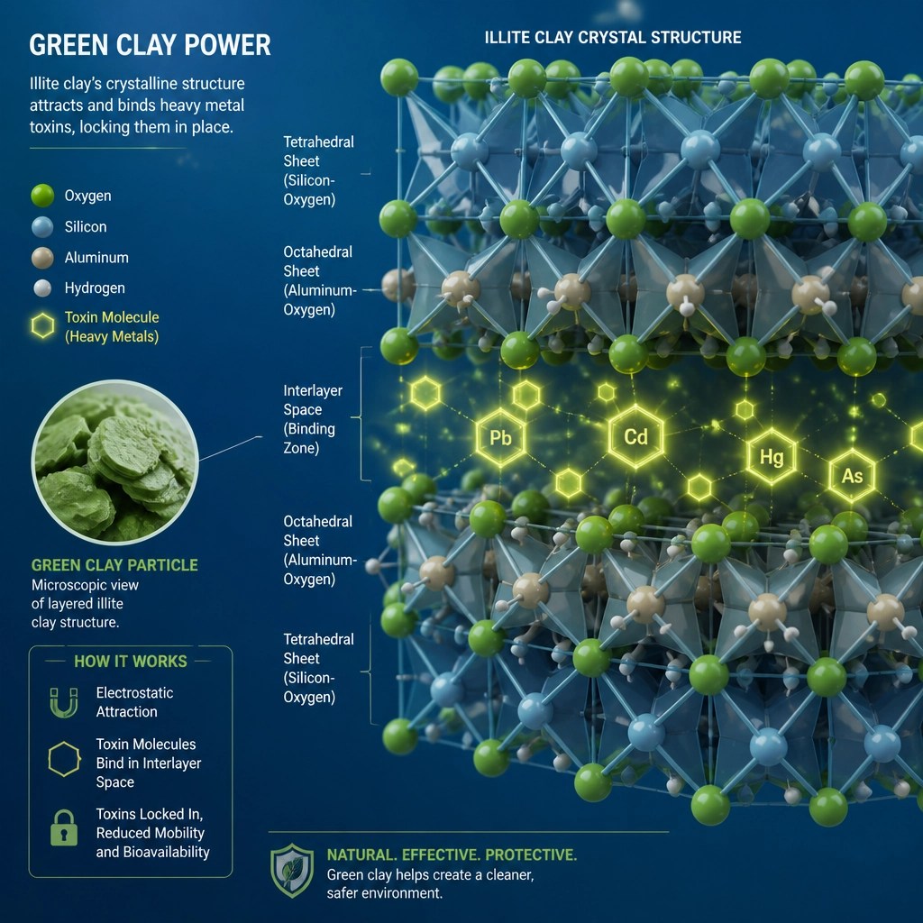 Scientific illustration of green clay particles binding with toxin molecules