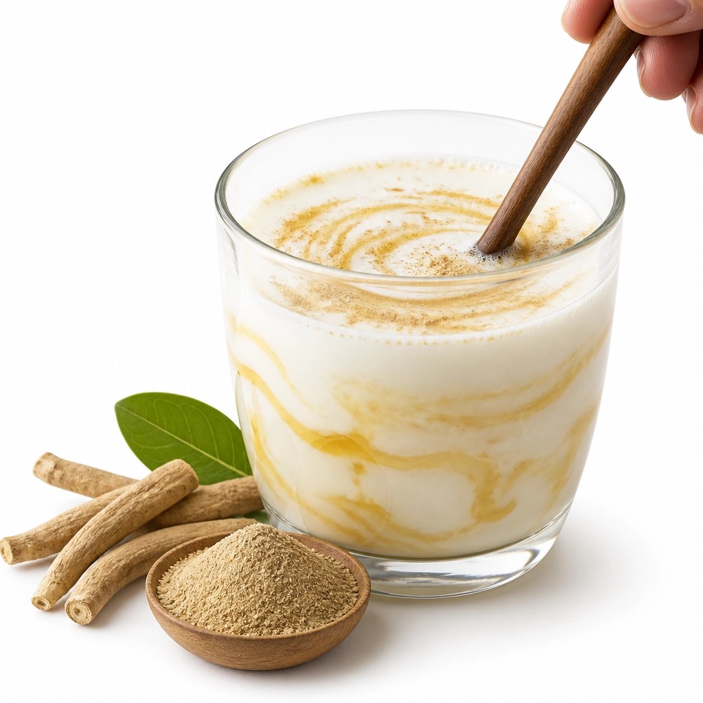 Preparación de Ashwagandha en leche tibia como vehículo ayurvédico