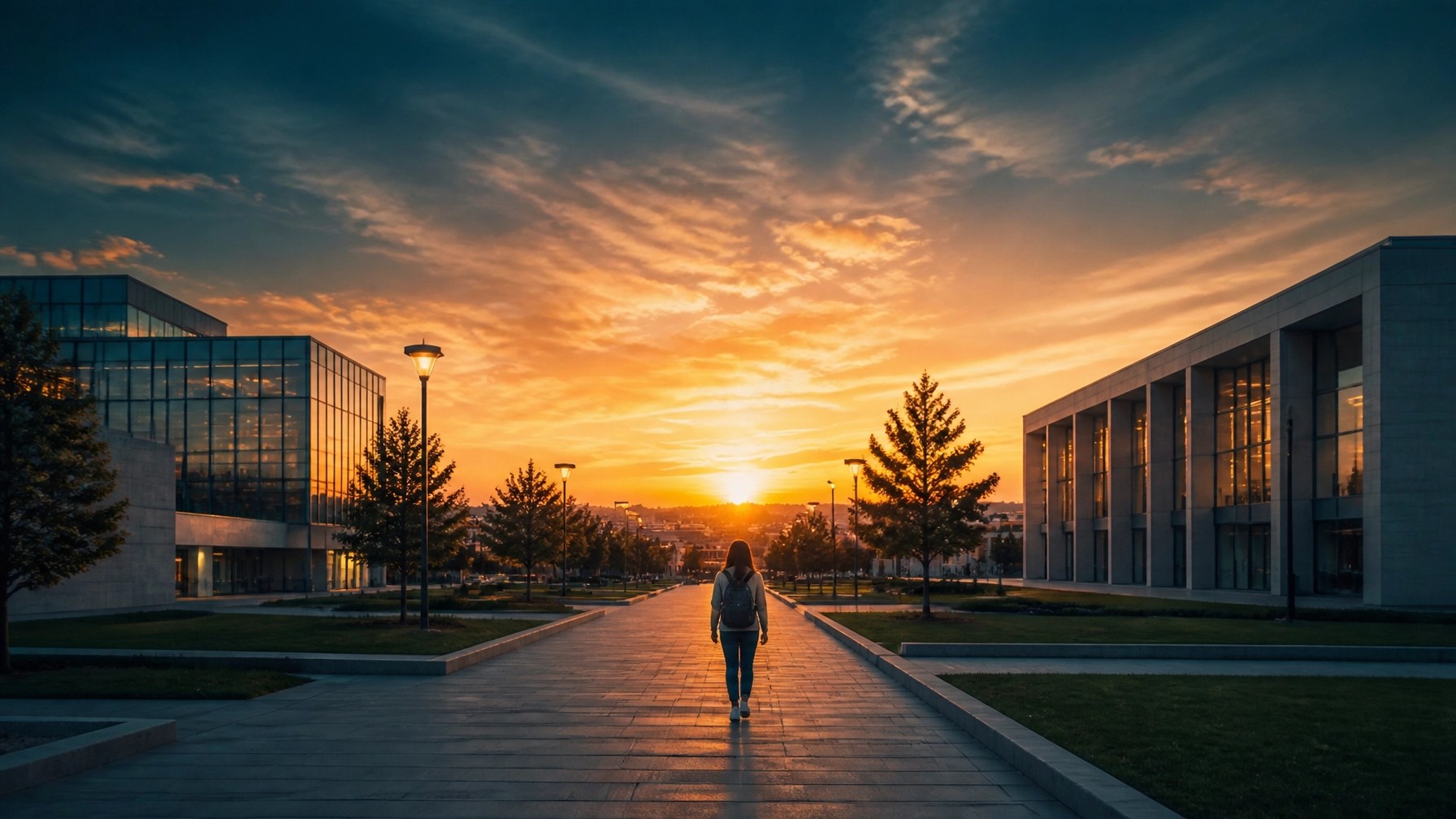 A pathway on a university campus leading toward a bright horizon, symbolizing the future.