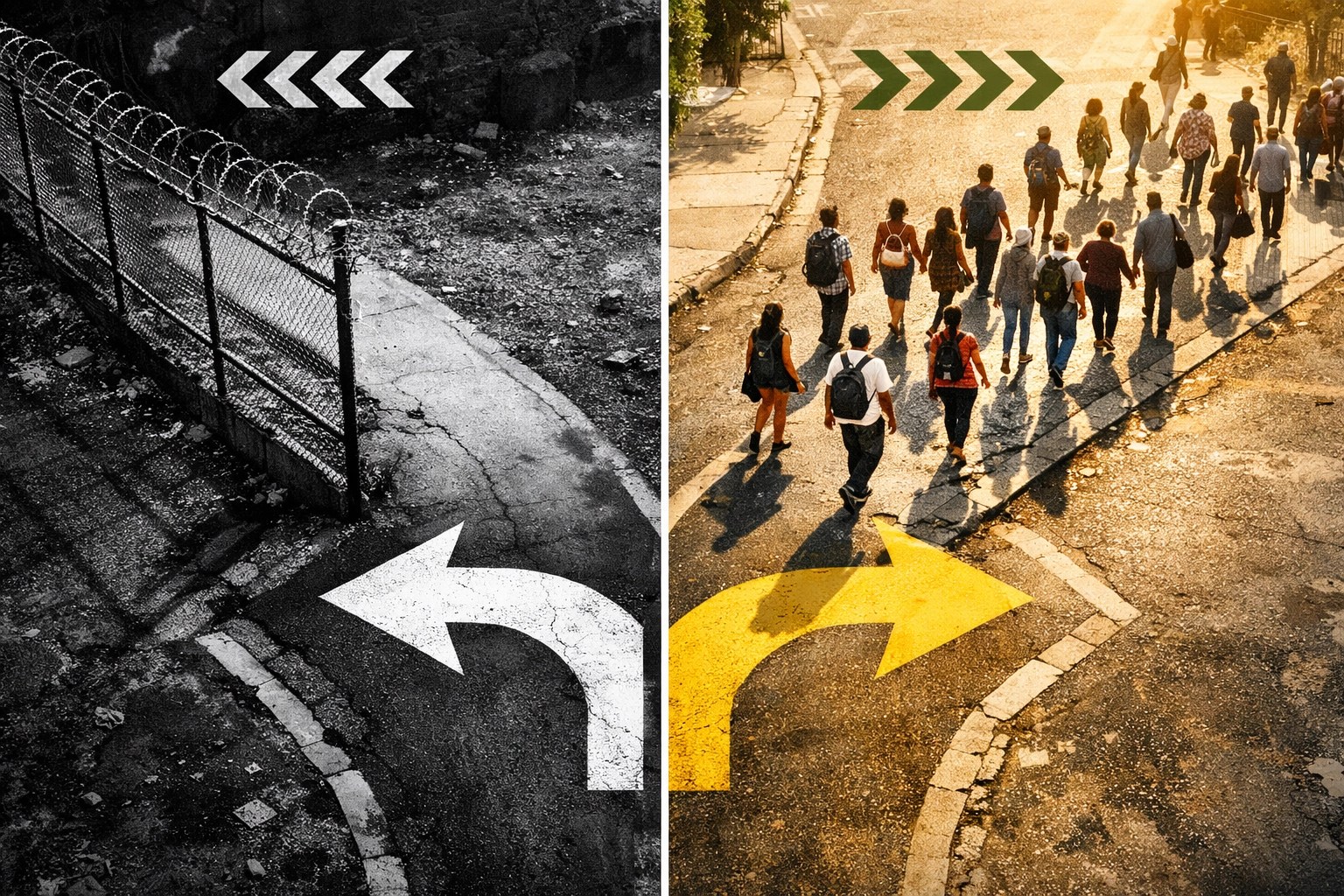 Two paths diverging: barbed wire isolation versus diverse community walking together