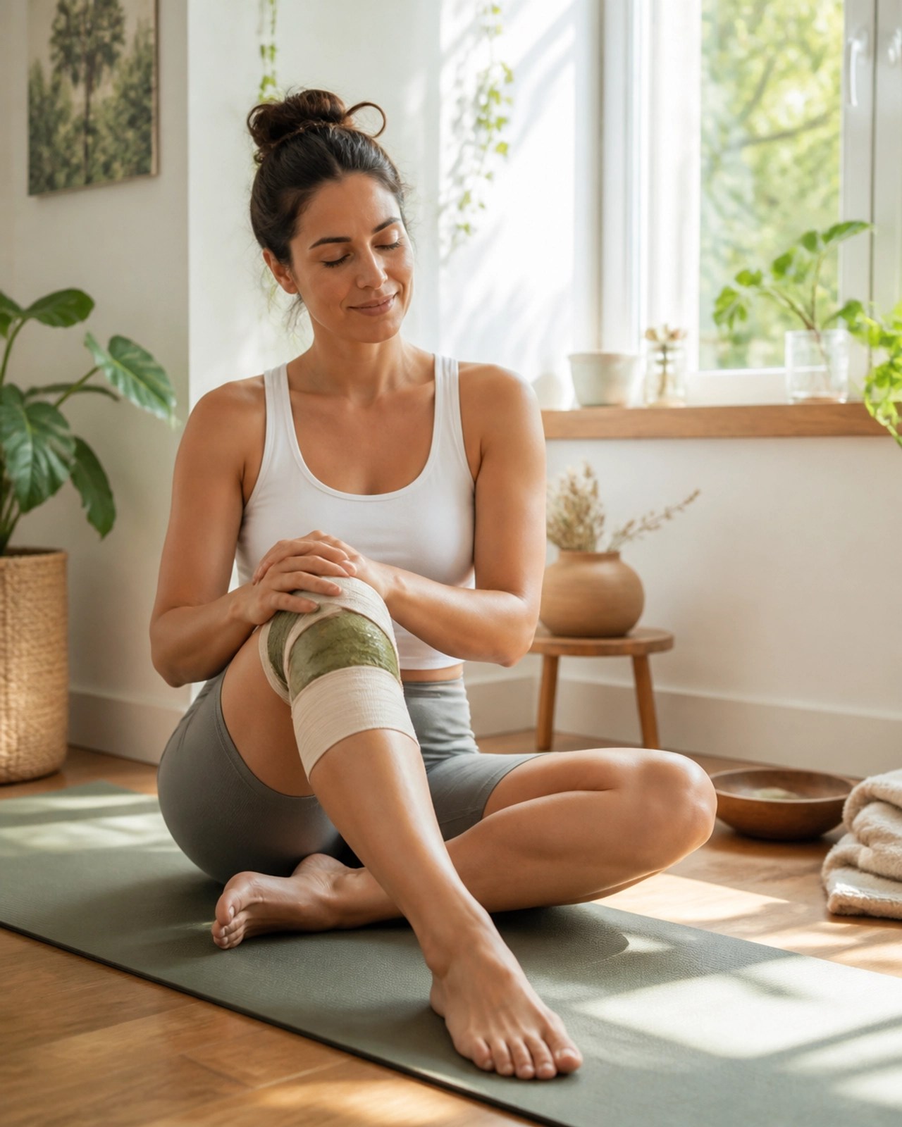 An athlete relaxing with a clay poultice on their knee in a bright room