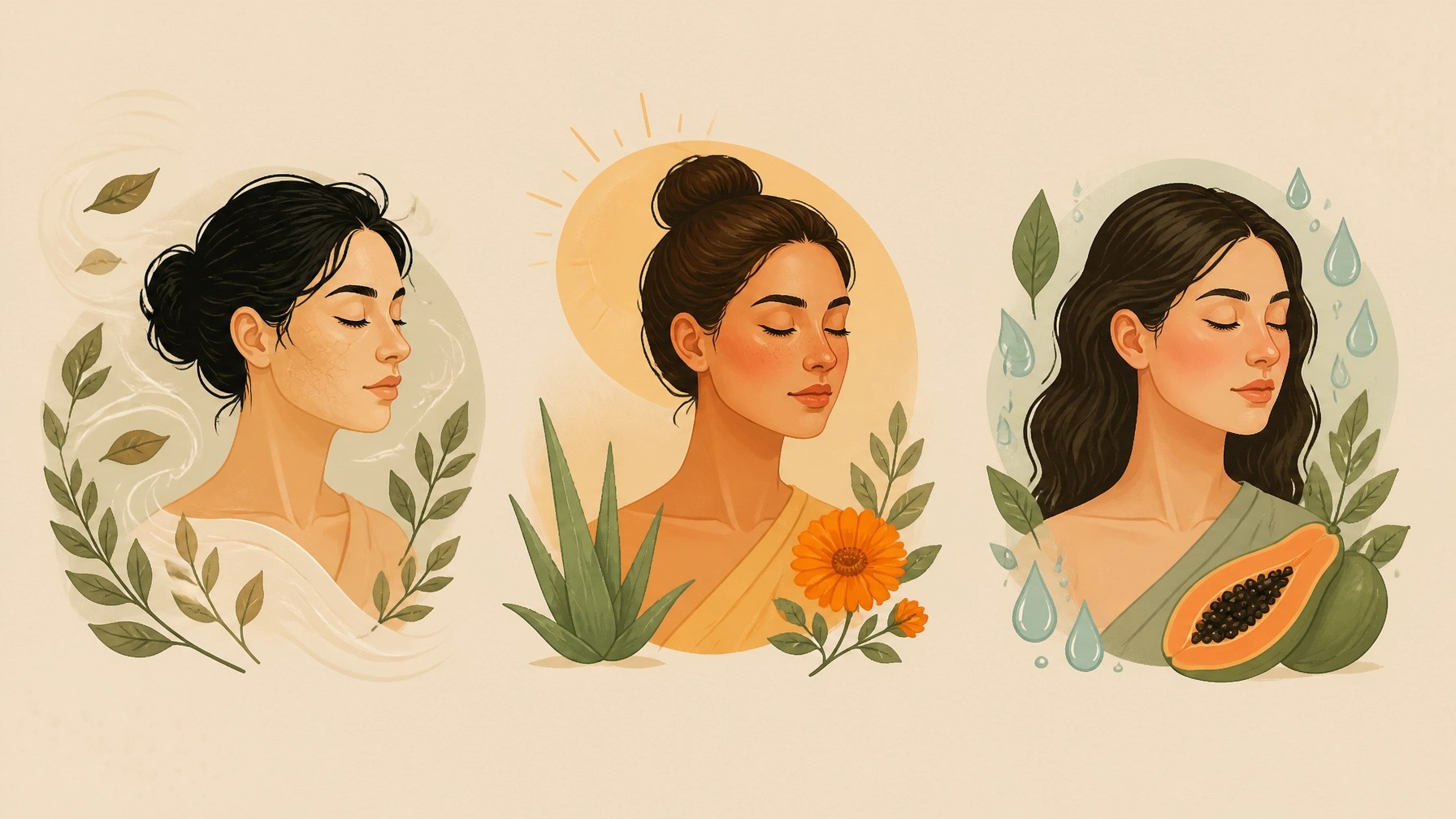 Ilustración editorial de los doshas Vata, Pitta y Kapha representados mediante elementos naturales y diferentes características de la piel