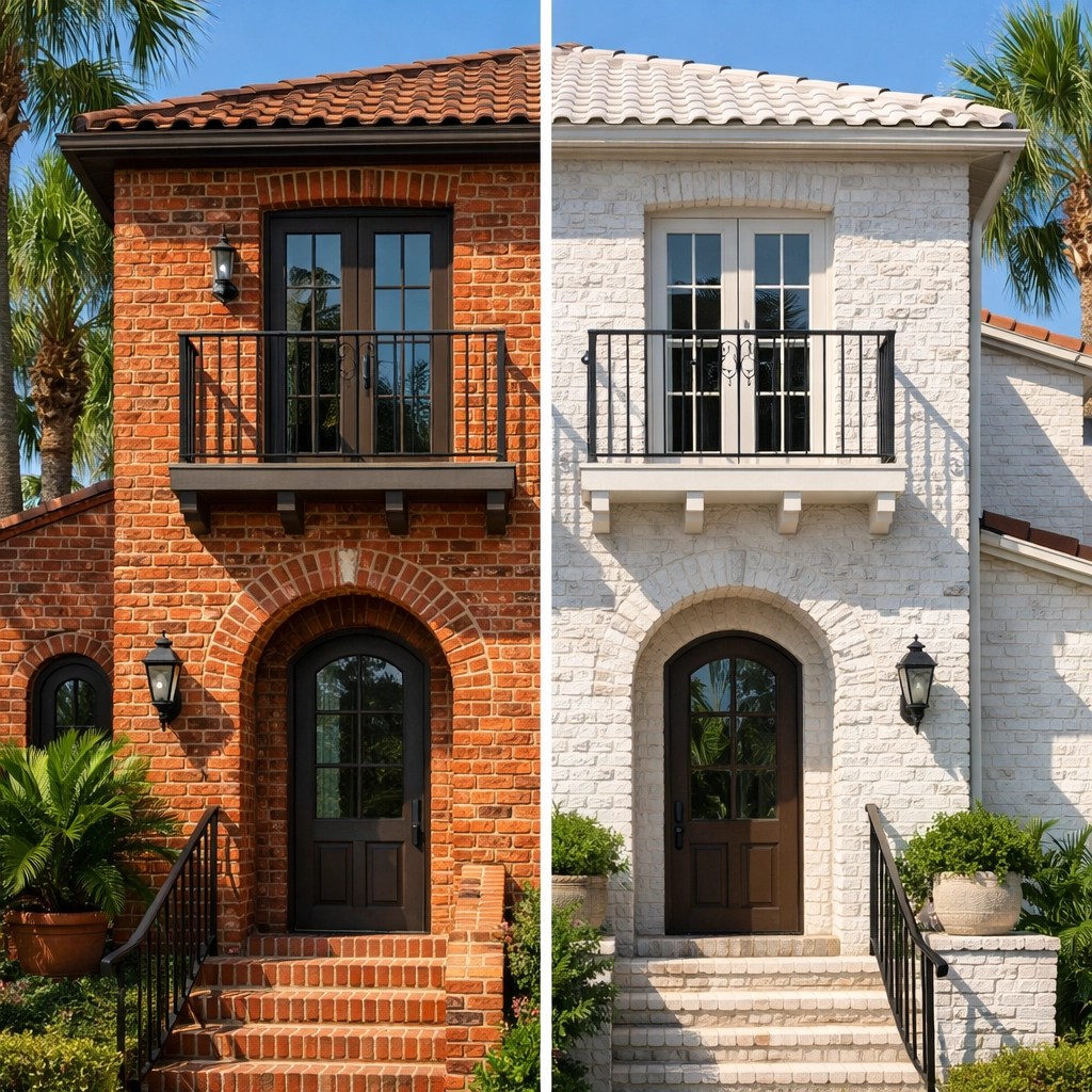 Florida brick home before and after limewash transformation comparison