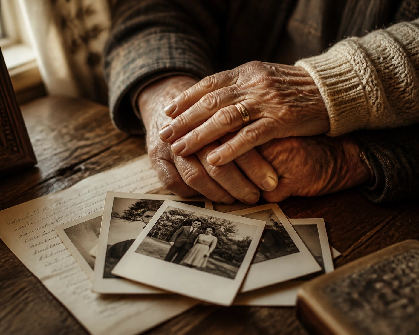 Senior couple's hands on family photos symbolizing legacy and final expense protection.