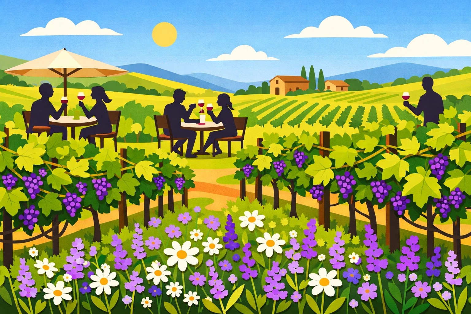 Spring outdoor wine tasting at Loudoun County vineyard with blooming vines