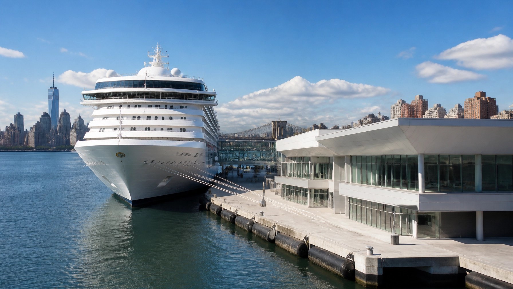 Cruise ship beside a New York waterfront terminal in clear September light