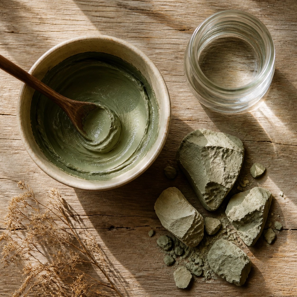 Natural French green clay being prepared in a ceramic bowl with a wooden spoon for skin detox.