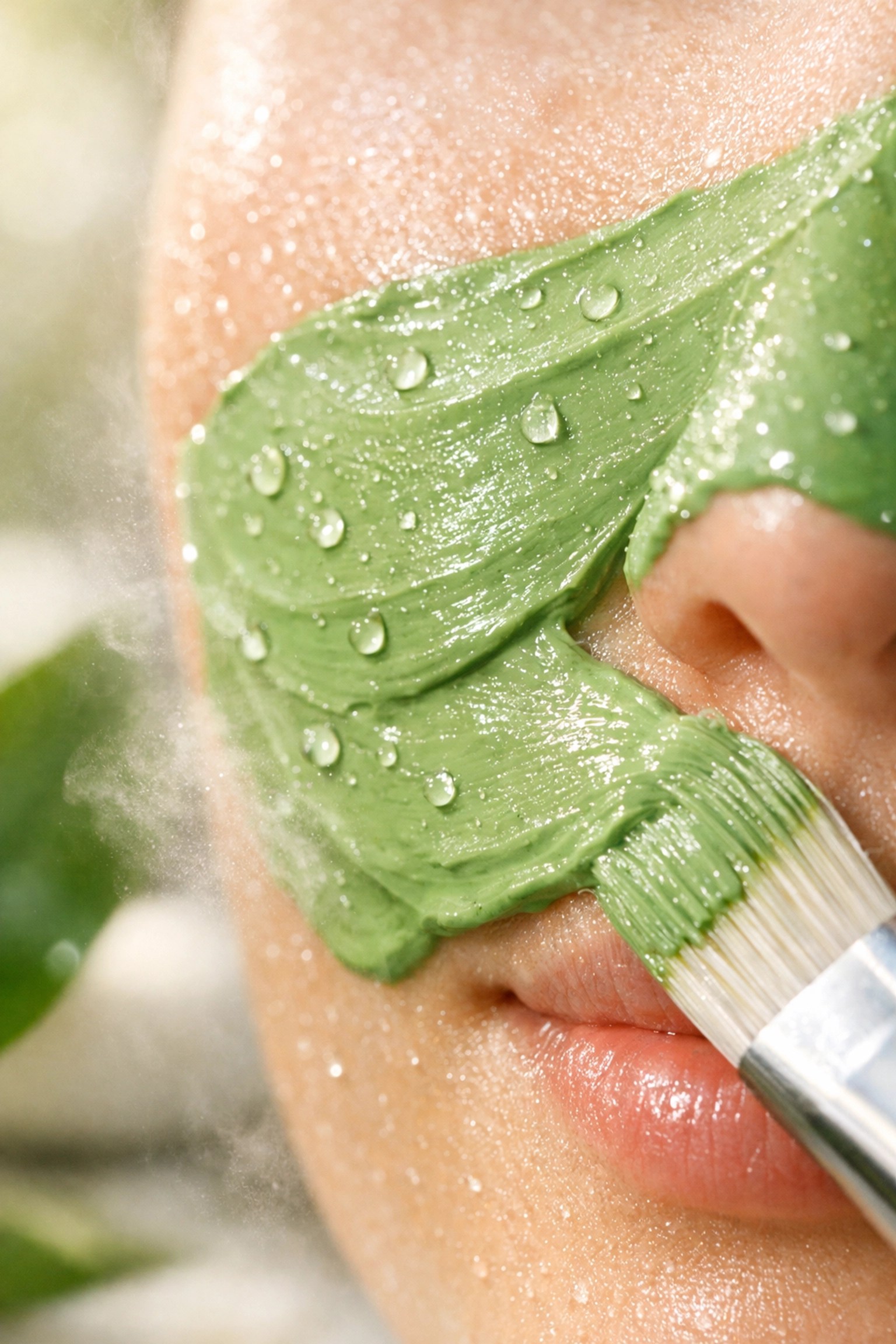 Applying a moist green clay mask to soothe skin redness and support natural blemish healing.
