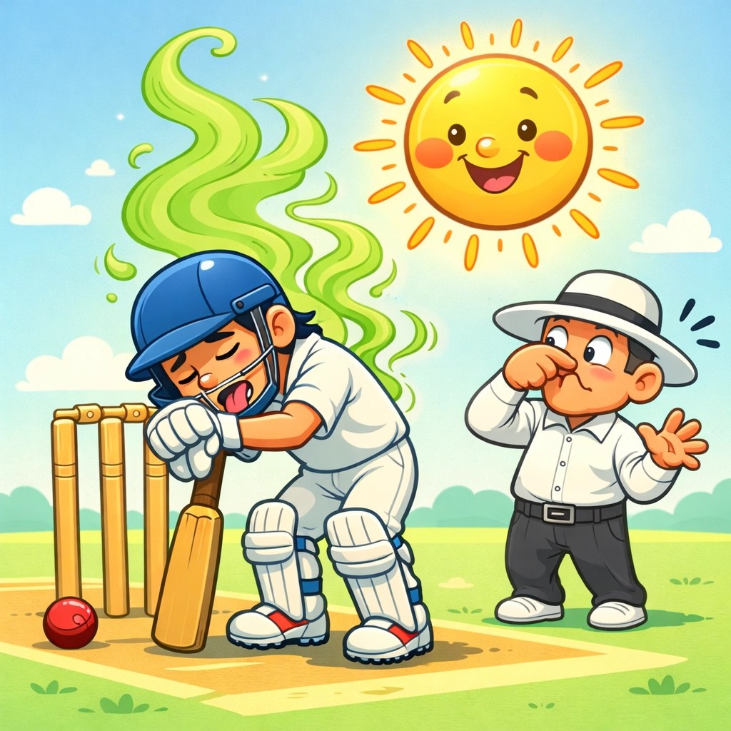 Exhausted cricket player on a hot pitch needing a strong natural deodorant for men to stop odor.