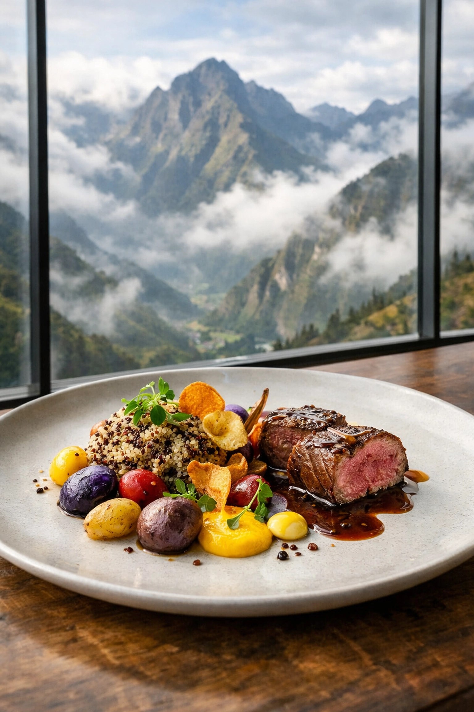 Peruvian Andean cuisine plated dish with Sacred Valley mountain view at Tampu restaurant