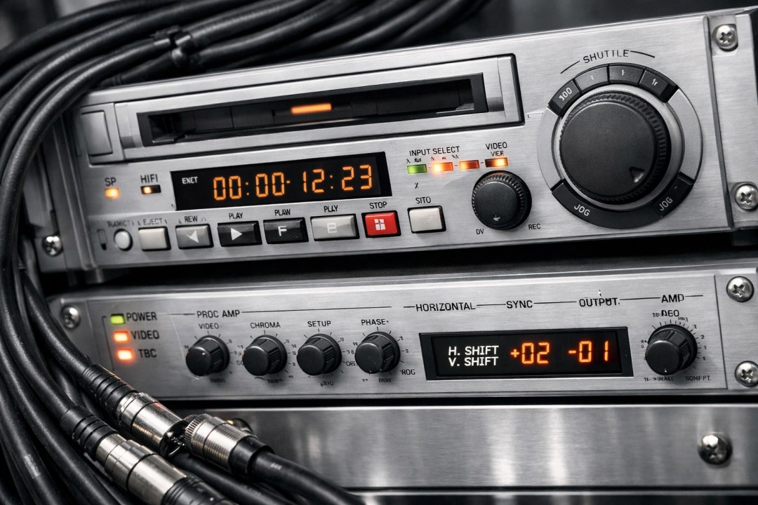 Broadcast-grade VCR and TBC equipment used by Scan A Lot for stable VHS to digital conversion.