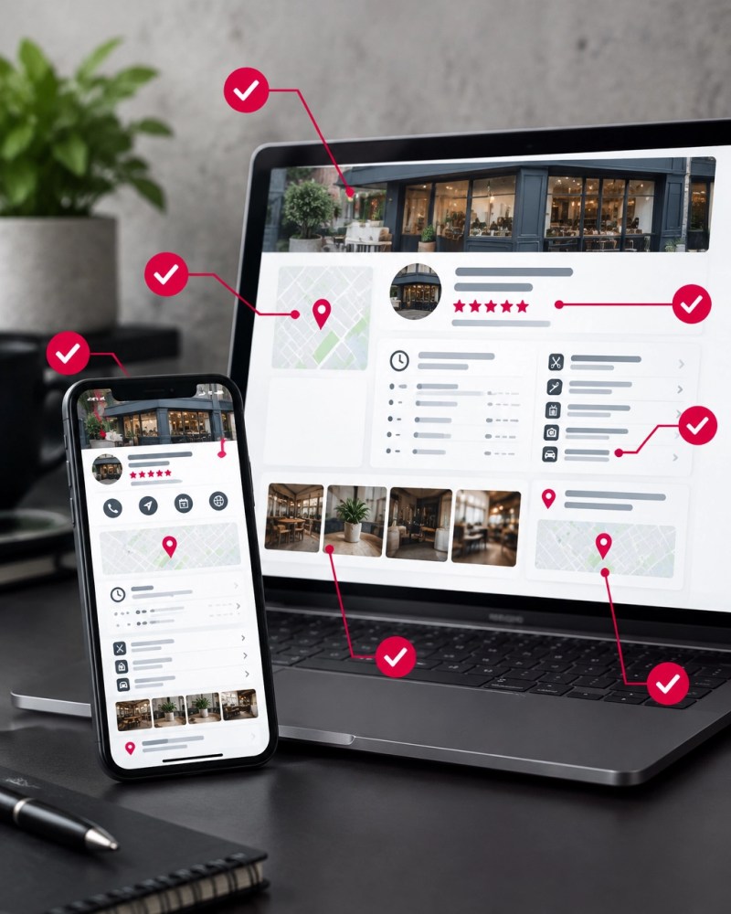 Laptop and smartphone showing an abstract local business profile with reviews, categories, and map signals