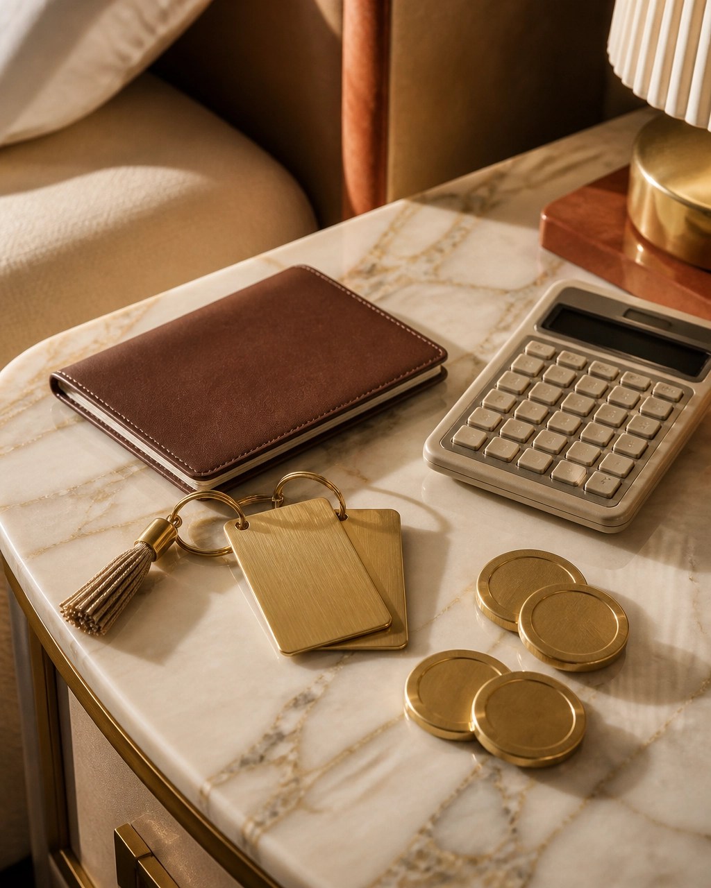 Elegant hotel key cards, passport, calculator, and reward tokens on a marble nightstand