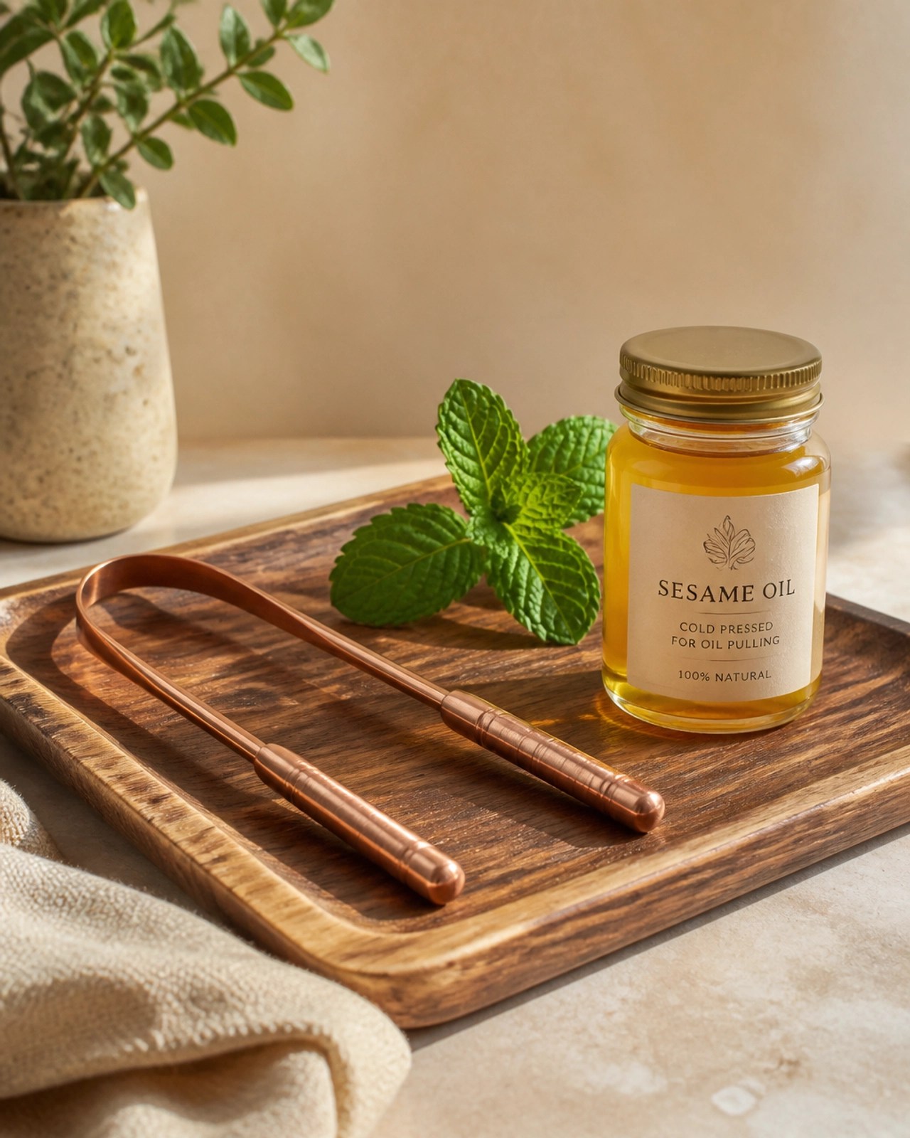 A serene collection of morning ritual items including a copper tongue scraper and sesame oil.