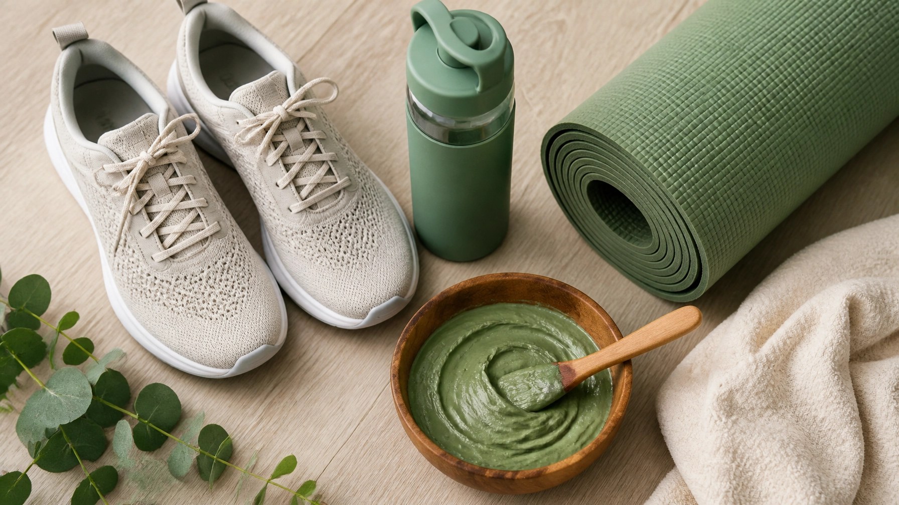 Flat lay of running gear and green clay recovery tools
