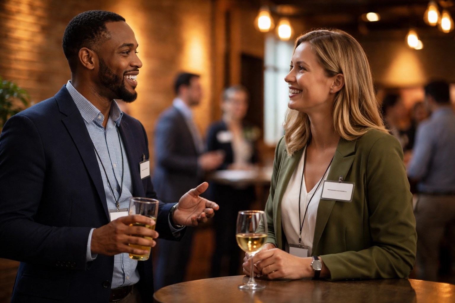 Two professionals in conversation at a friendly Indianapolis business networking event, smiling and connecting one-on-one.