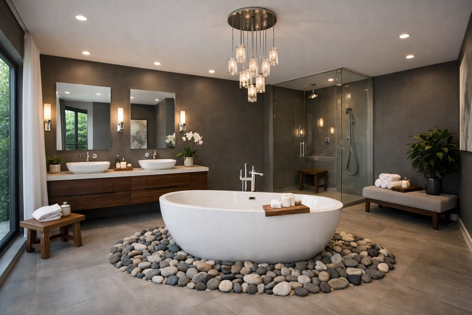 Résultat final d'une salle de bain de luxe avec bain autoportant