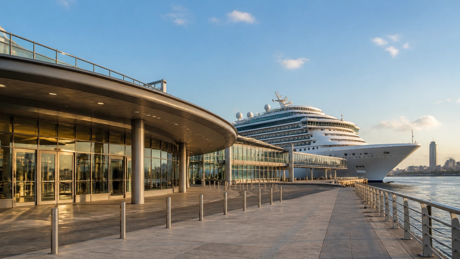 Manhattan Cruise Terminal and cruise ship in bright morning light
