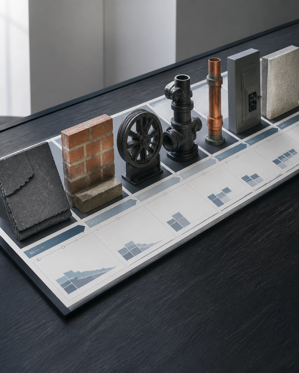 Technical capital planning visualization with building component samples and abstract lifecycle forecast blocks for roof, facade, elevator, boiler, plumbing, and electrical systems