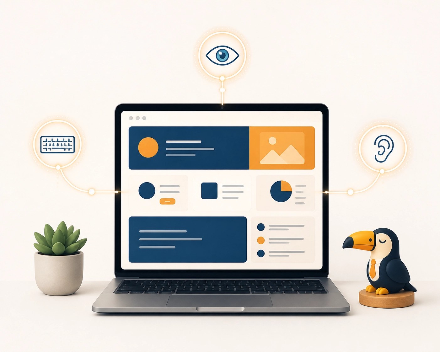 Modern workspace illustration showing a website layout with accessibility icons for a private practice audit.