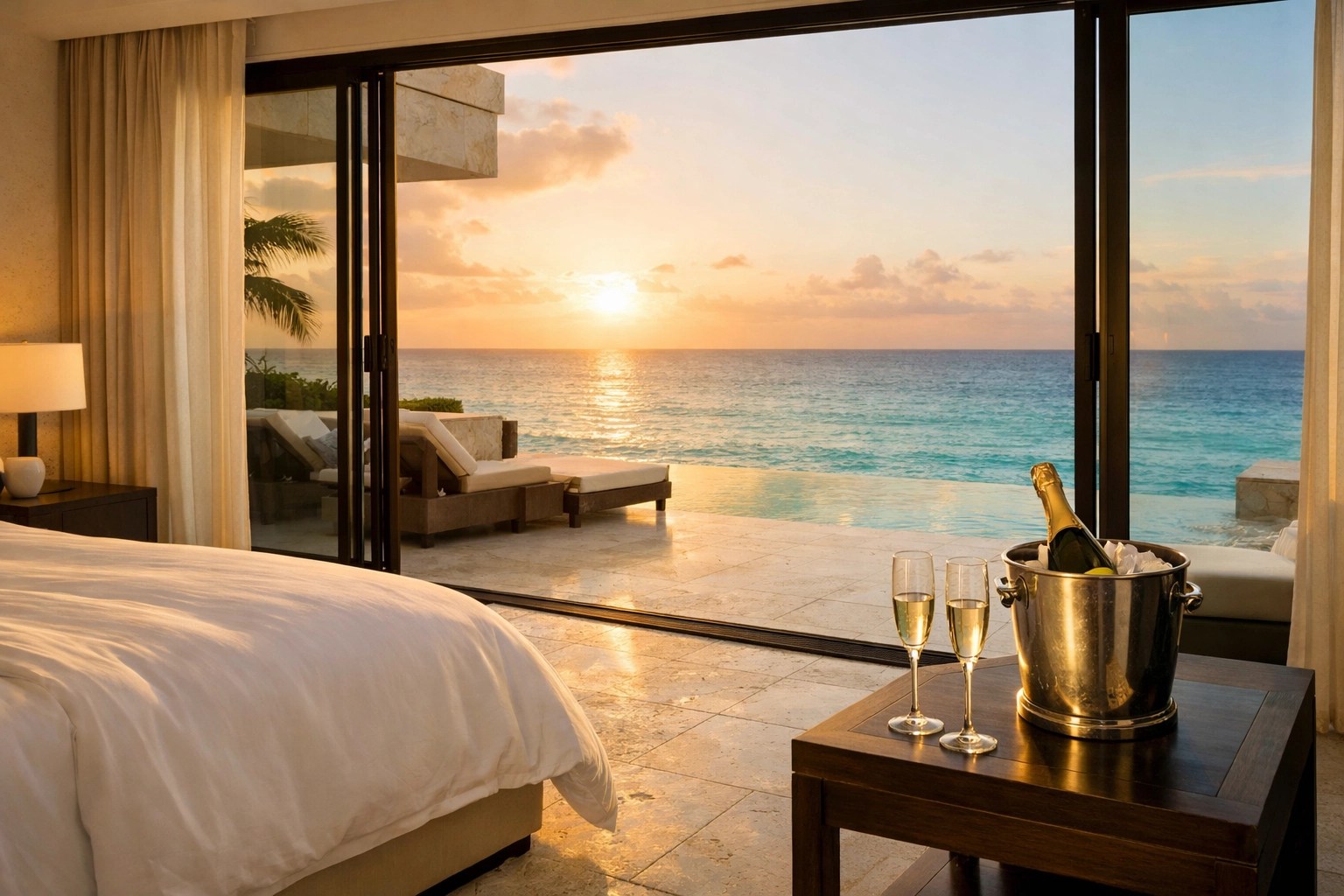 Luxury all-inclusive suite in Mexico with an ocean-view terrace, perfect for a zero-stress professional escape.