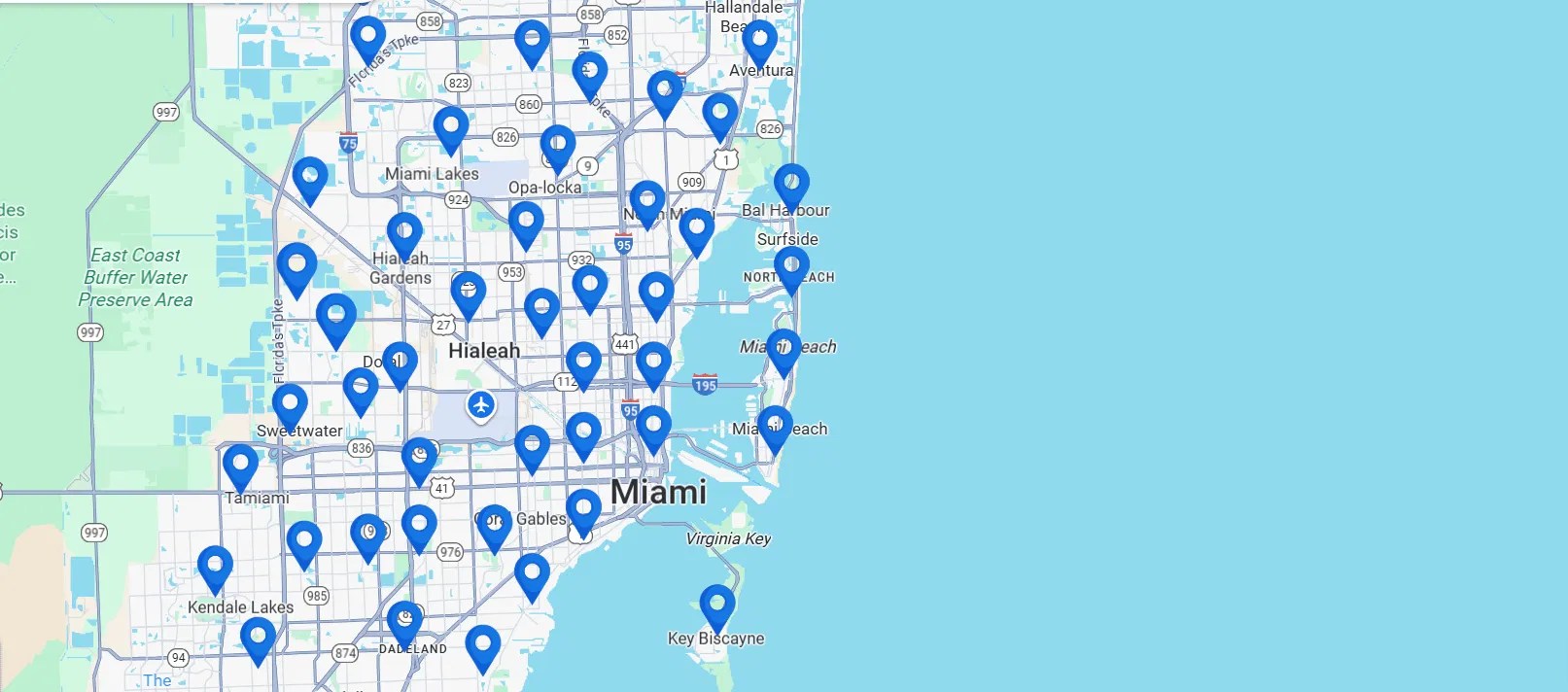 Map of Winvest Management's extensive property coverage across Miami-Dade County