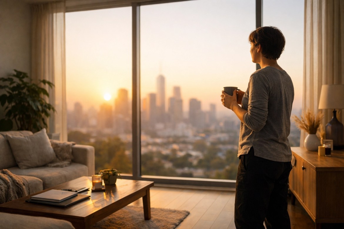 Person reflecting at sunrise, illustrating a balanced daily schedule and improved time management.