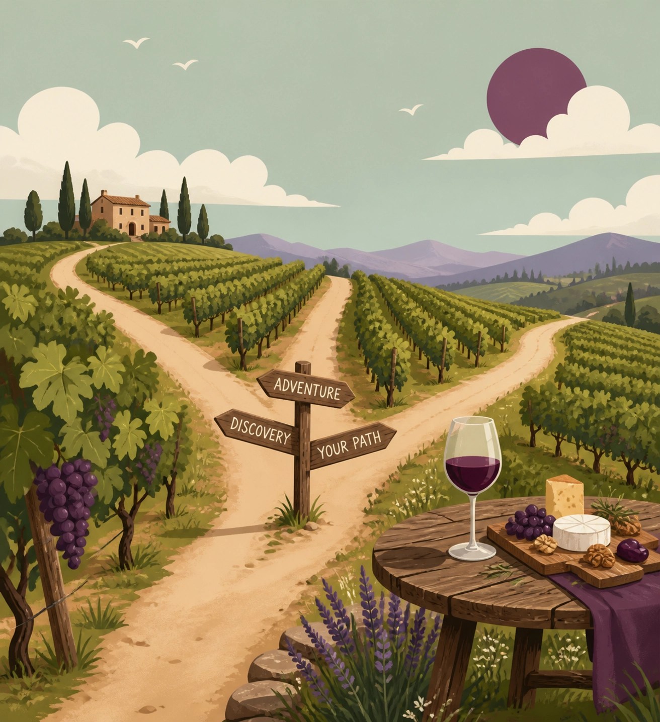 Minimalist vineyard illustration with wine and cheese, showcasing the flexible Explorer tour path.